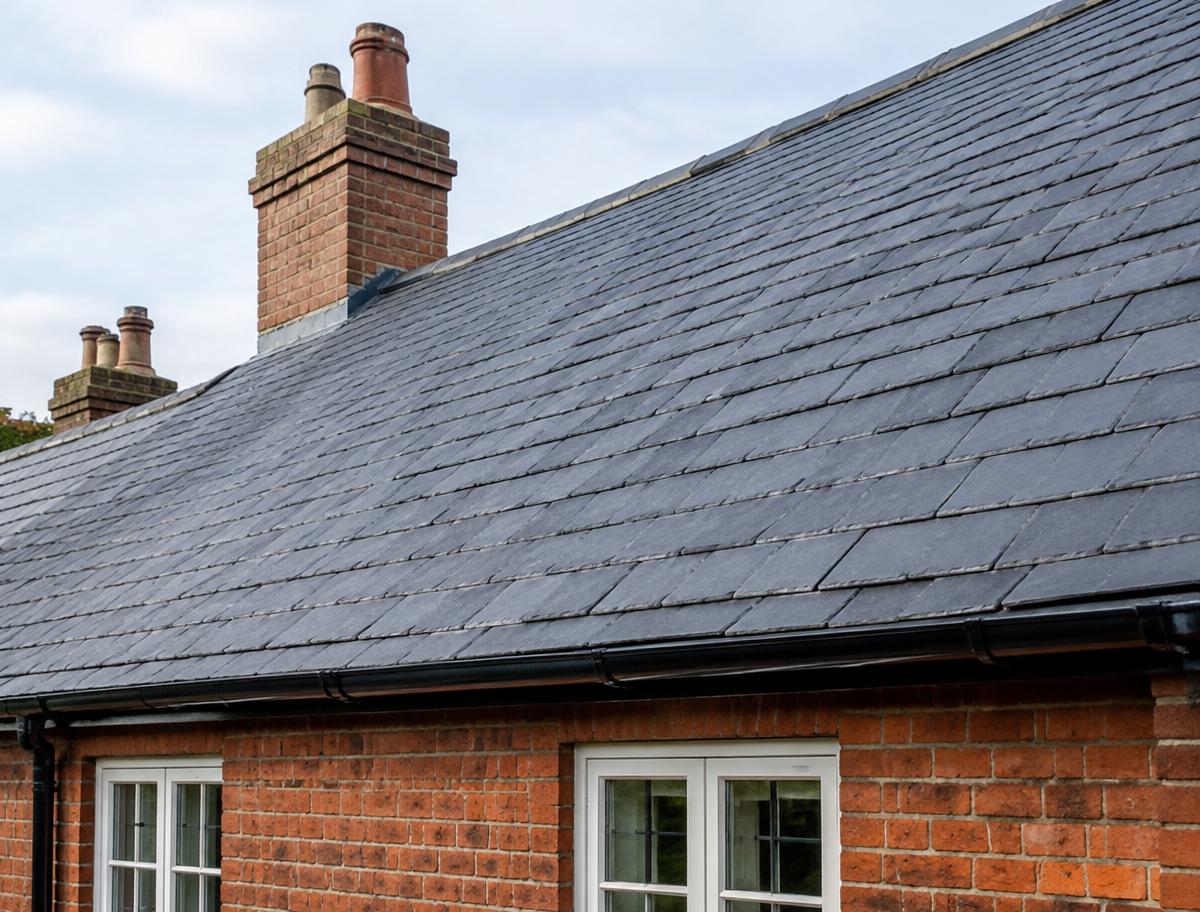 Natural slate pitched roof on a brick house