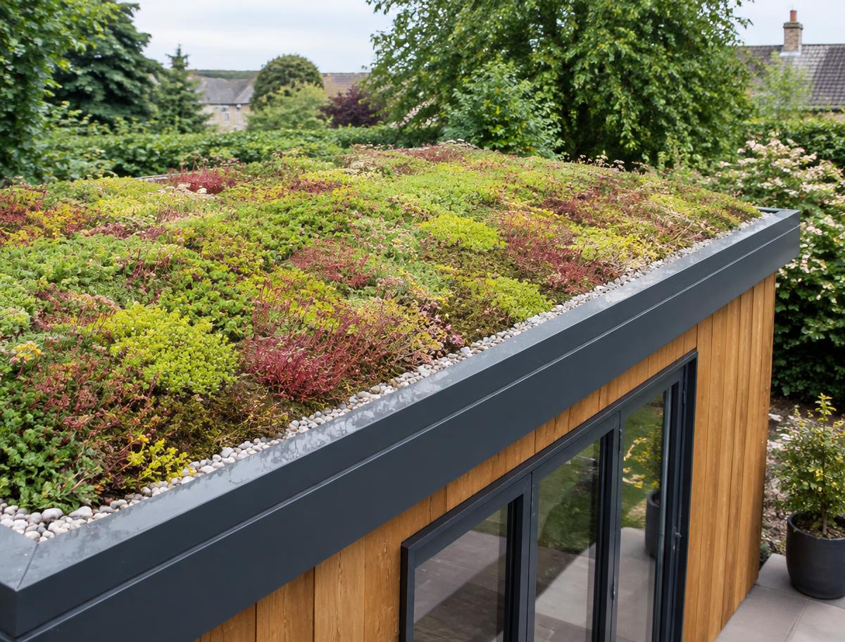 Sedum green roof on a garden building